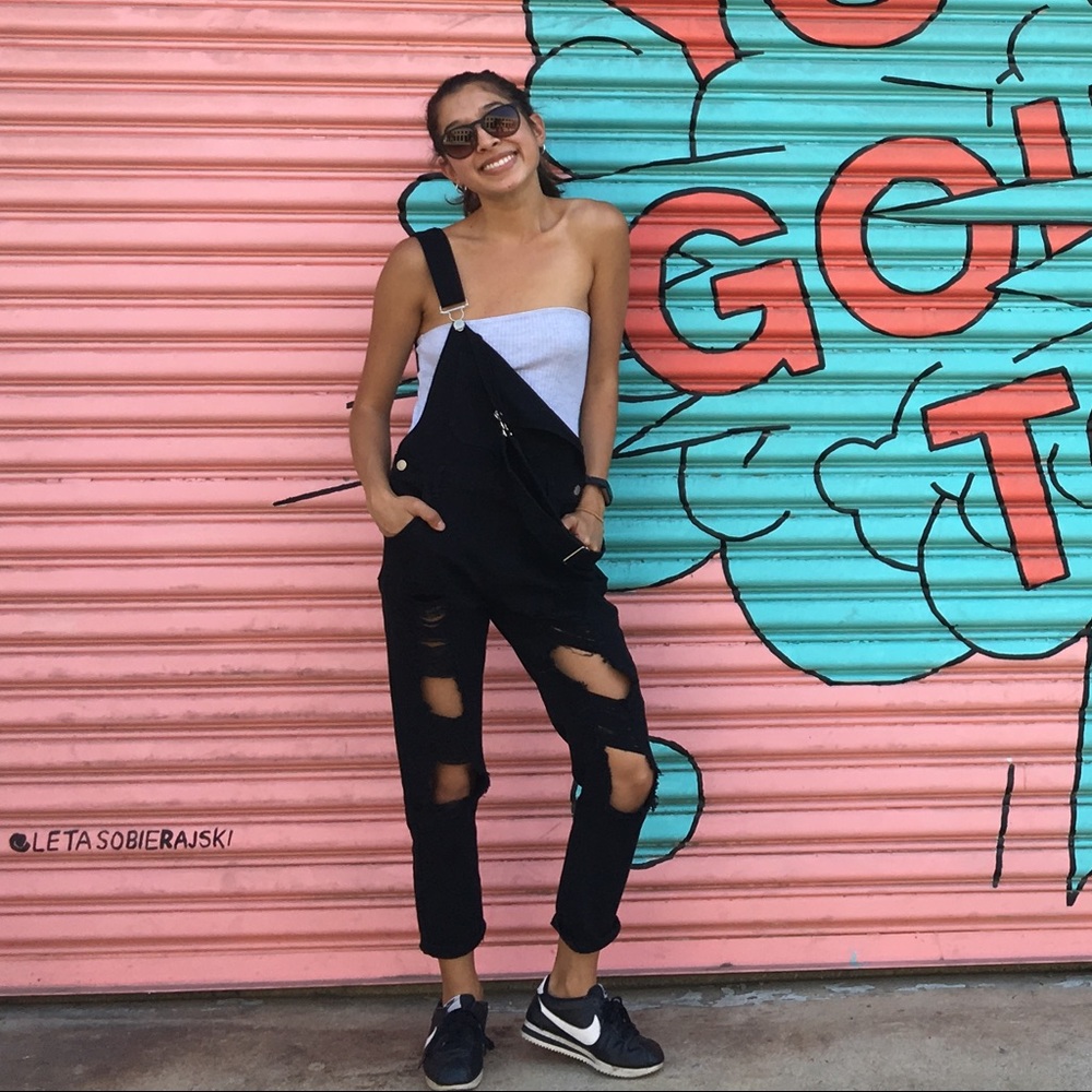 Black distressed jumpsuit denim jean Overalls